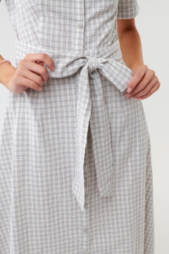 Womens white and gray cuffed sleeve button down modest dress